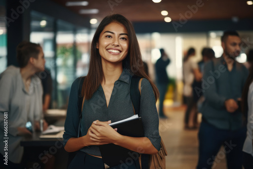 Woman holding book and smiling at camera. Perfect for educational or promotional materials.