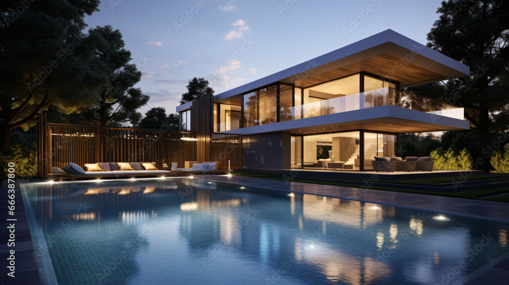 Contemporary luxurious residence featuring a pool