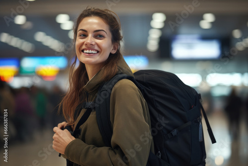 Woman with backpack smiles at camera. Suitable for travel, adventure, and lifestyle themes.