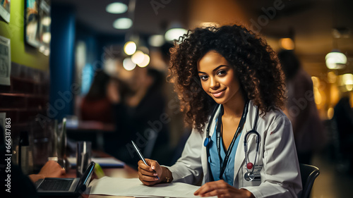 Young african american female doctor in a white coat fills out a patient form while working in a medical clinic, doing paperwork at the workplace photo