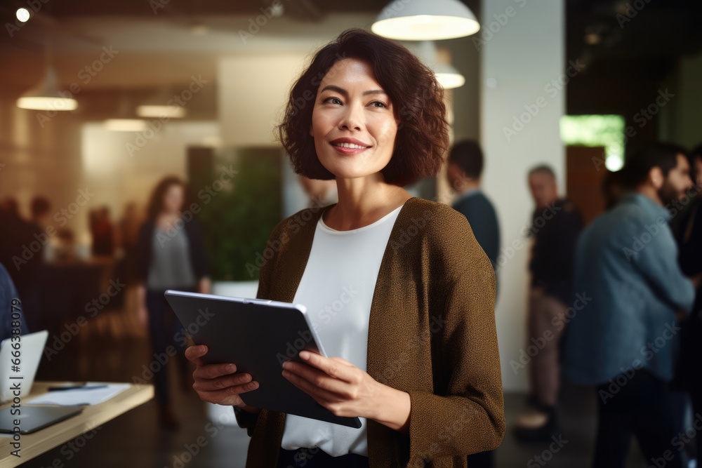 Woman is seen holding tablet computer in room filled with people. This image can be used to illustrate technology, communication, or social interaction in crowded environment. Woman is seen holding tablet computer in room filled with people. This image can be used to illustrate technology, communication, or social interaction in crowded environment.