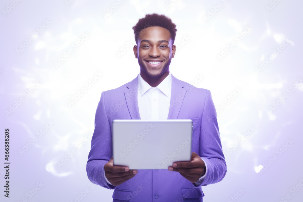 Man in purple suit holding laptop. Suitable for technology, business, and office-related concepts. Man in purple suit holding laptop. Suitable for technology, business, and office-related concepts.