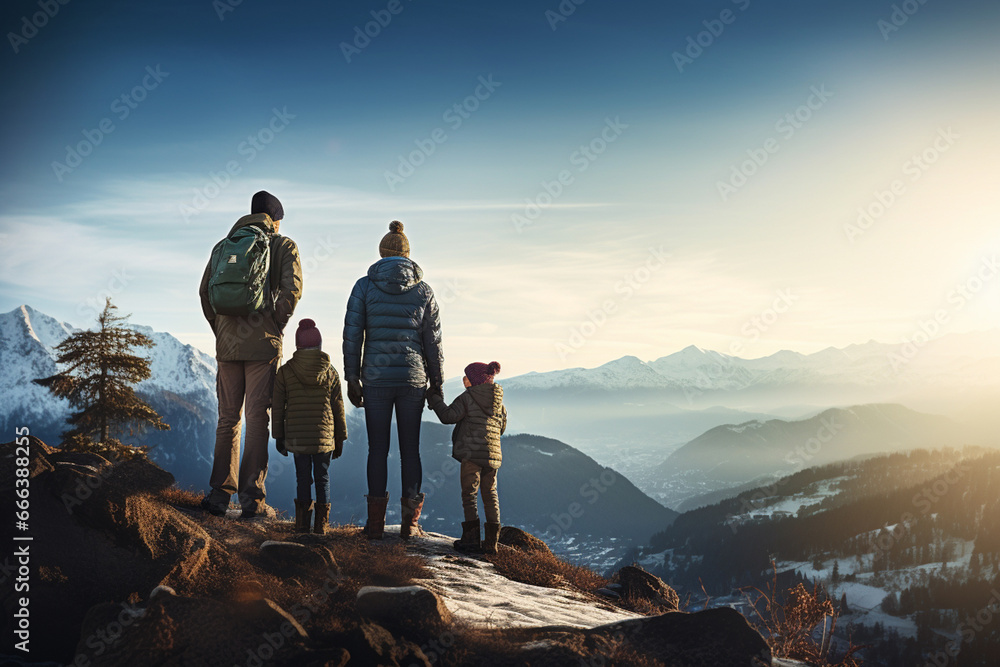 Happy family traveling on snowy mountain peak in winter - obrazy, fototapety, plakaty 