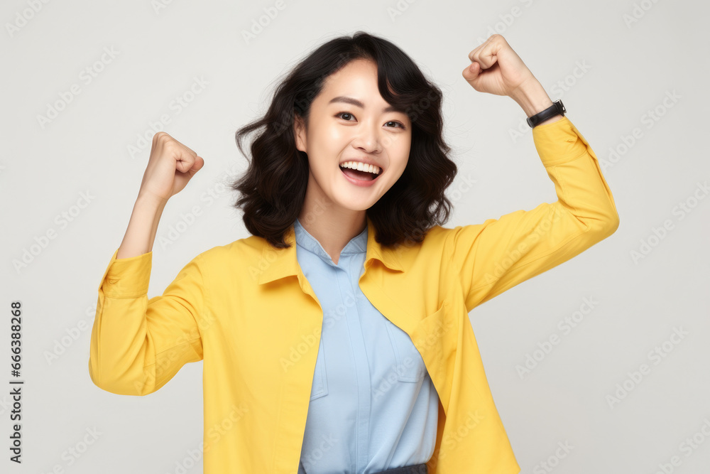Woman in yellow jacket raising her arms. This image can be used to convey excitement, celebration, or victory. Woman in yellow jacket raising her arms. This image can be used to convey excitement, celebration, or victory.