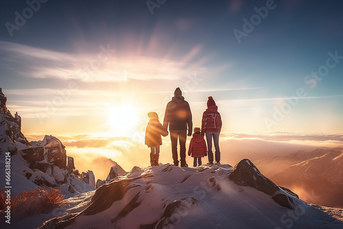 Happy family traveling on snowy mountain peak in winter