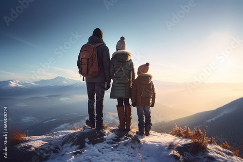 Happy family traveling on snowy mountain peak in winter photo