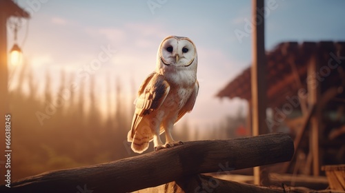Big barn owl perched on the wood post, Barn owl Tyto alba on aesthetic scenery background