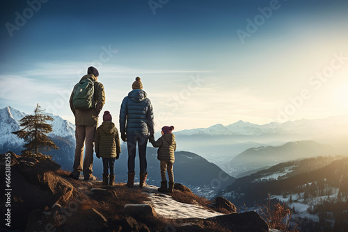 Happy family traveling on snowy mountain peak in winter