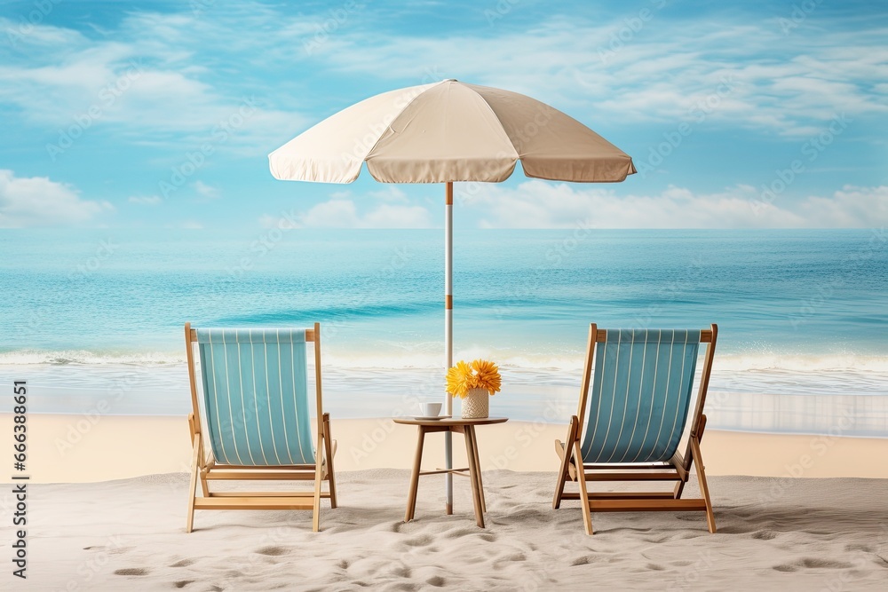 Wide Panorama Beach Background Concept: Chairs and Umbrella on Beach - Stunning Coastal View for Relaxation