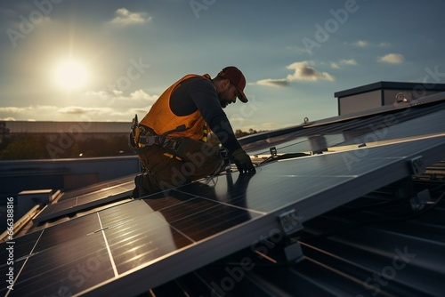 Energy and solar panels concept man working on installing solar panels