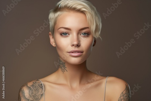 Beautiful blonde model with short hair posing for photo