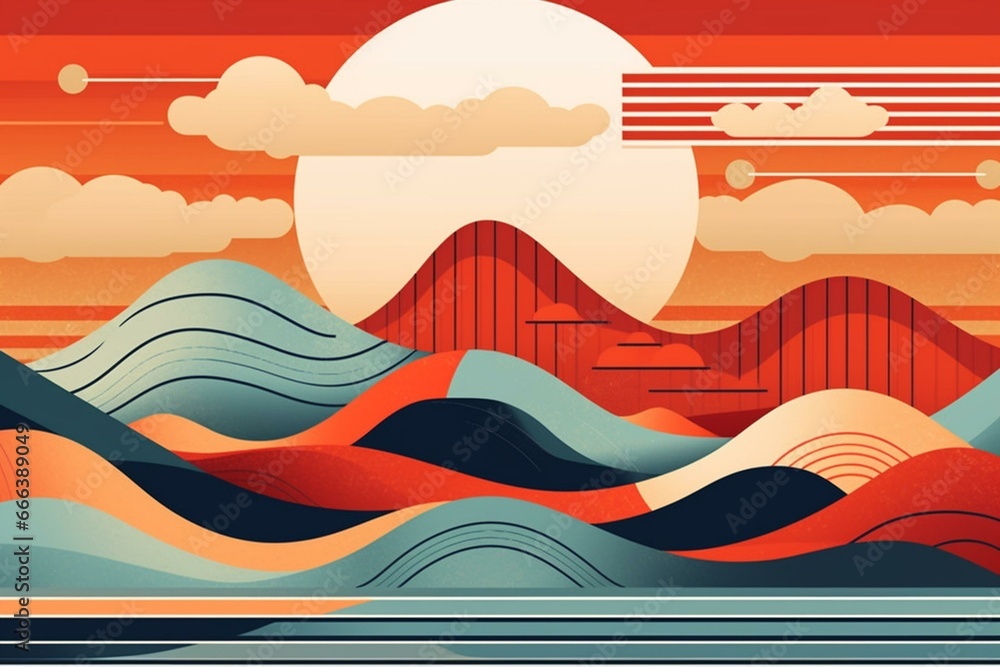 Abstract, sun, sunset, Japan, boho, ethnic, abstract, trend, fashion, wall, art, composition, renovation, comfort, office, hotel, minimalism, lines, ovals, vector. Generative AI Abstract, sun, sunset, Japan, boho, ethnic, abstract, trend, fashion, wall, art, composition, renovation, comfort, office, hotel, minimalism, lines, ovals, vector. Generative AI