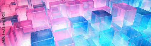 Panoramic texture background with random 3d cubic crystal boxes in bright blue and red colors