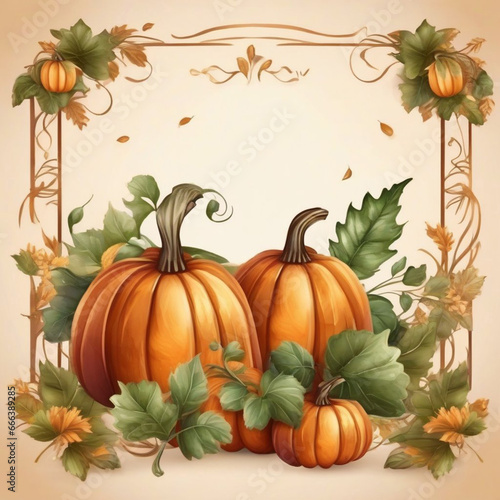 Autumn background with pumpkins, leaves and blank paper for text