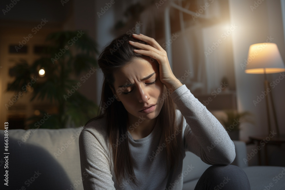 Sick woman having a headache in the living room during the daytime Sick woman having a headache in the living room during the daytime