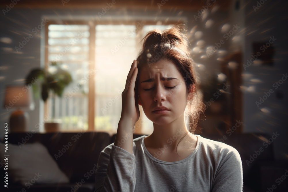 Sick woman having a headache in the living room during the daytime Sick woman having a headache in the living room during the daytime