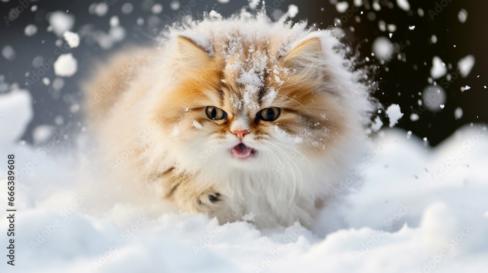 Cute kitten with surprised and angry face, hit by snow during snow fight.