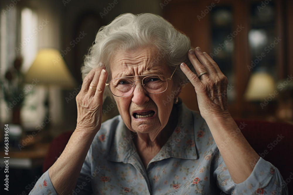 Sick old woman having a headache in the living room during the daytime Sick old woman having a headache in the living room during the daytime