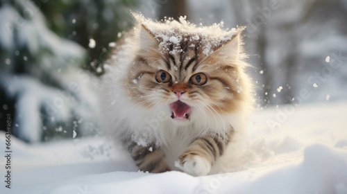 Cute kitten with surprised and angry face, hit by snow during snow fight.