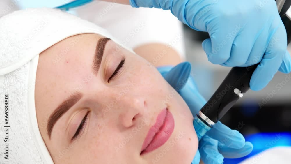 Young woman receiving facial treatment in a professional beauty salon. A close-up cosmetologist manipulates a hydropeeling machine to clean and rejuvenate a patient's skin in a modern clinic. Young woman receiving facial treatment in a professional beauty salon. A close-up cosmetologist manipulates a hydropeeling machine to clean and rejuvenate a patient's skin in a modern clinic.