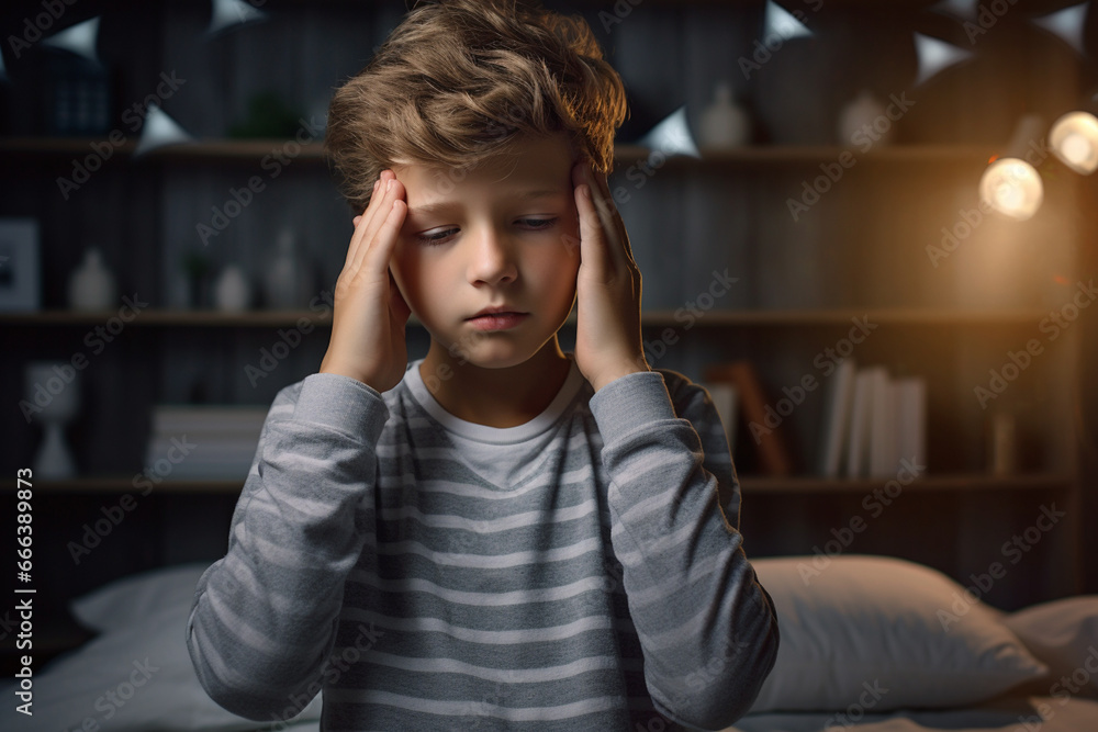 Sick boy having a headache in the living room during the daytime Sick boy having a headache in the living room during the daytime