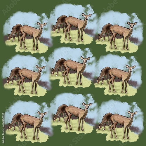 illustration deer, two deer eating grass, two deer grazing in the meadow, animals, artiodactyl animals