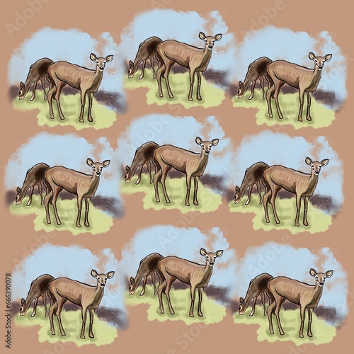 illustration deer, two deer eating grass, two deer grazing in the meadow, animals, artiodactyl animals