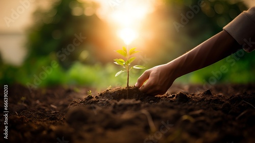 Close-up of two hands gently planting a young tree sapling into the ground