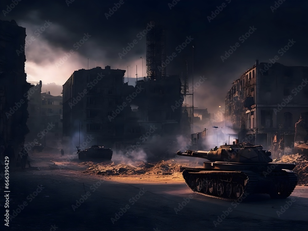 View of a city destroyed by war. Battle tanks and destroyed buildings were destroyed after the war. Cruel war concept. Generative AI