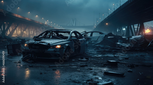 Post-apocalyptic city: Ruined buildings, burnt-out vehicles, and crumbling roads,a road with crashed cars and debris.