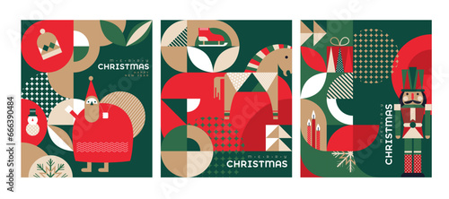 Set of Merry Christmas and Happy New Year 2024 vector illustration for greeting cards, posters, holiday covers in modern minimalist geometric style.