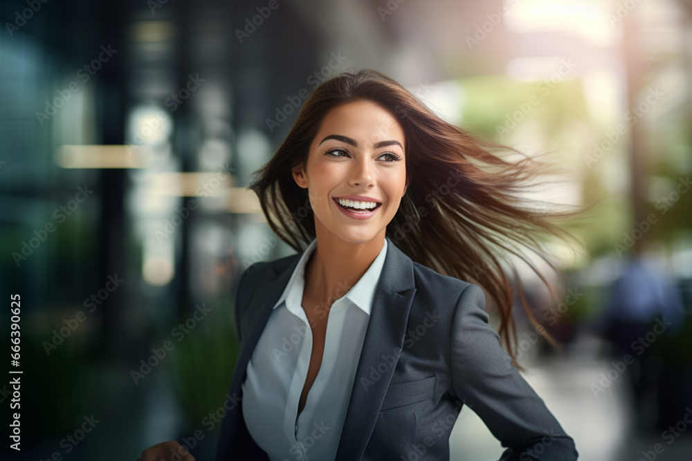 Smiling business woman running to work with inspiration in advertising concept Smiling business woman running to work with inspiration in advertising concept