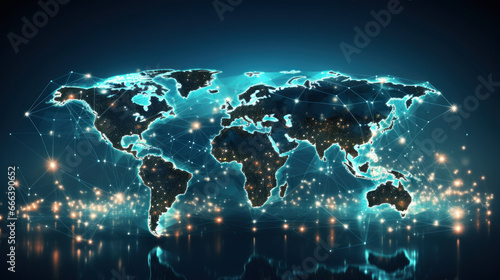 A world map displaying a global communication network interconnecting around the world,Communications hub, conceptual illustration,World and communicate.
