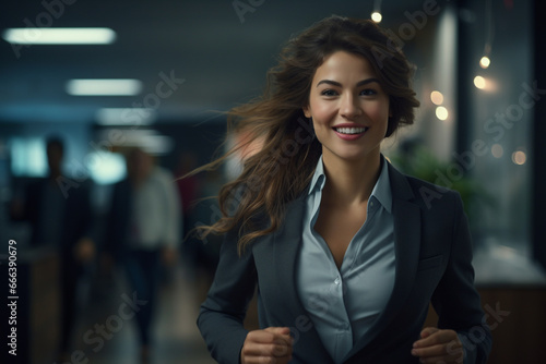 Smiling business woman running to work with inspiration in advertising concept