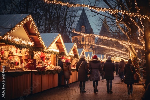 a bustling European Christmas market at twilight: wooden stalls, twinkling fairy lights, and families bundled in cozy attire © Christian