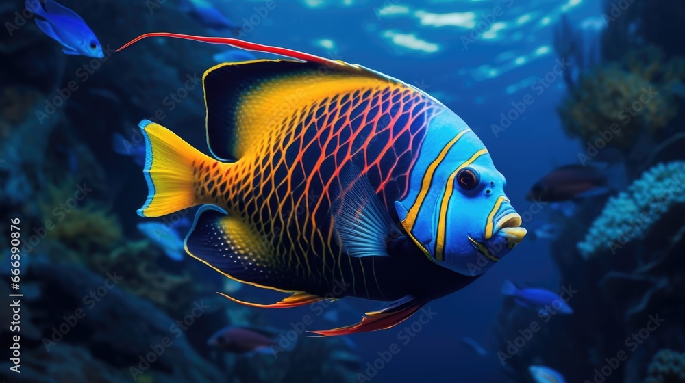 Vibrant tropical angel fish with brilliant colors, surrounded by marine flora. Close-up of a strikingly colored tropical fish in a deep blue marine setting. - obrazy, fototapety, plakaty 