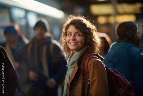 female tourist standing and smiling at a train station full of people © toonsteb