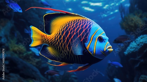 Vibrant tropical angel fish with brilliant colors, surrounded by marine flora. Close-up of a strikingly colored tropical fish in a deep blue marine setting. © Postproduction