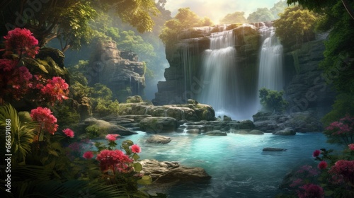 Tropical paradise with waterfall cascading into turquoise pool. Tranquil nature concept.