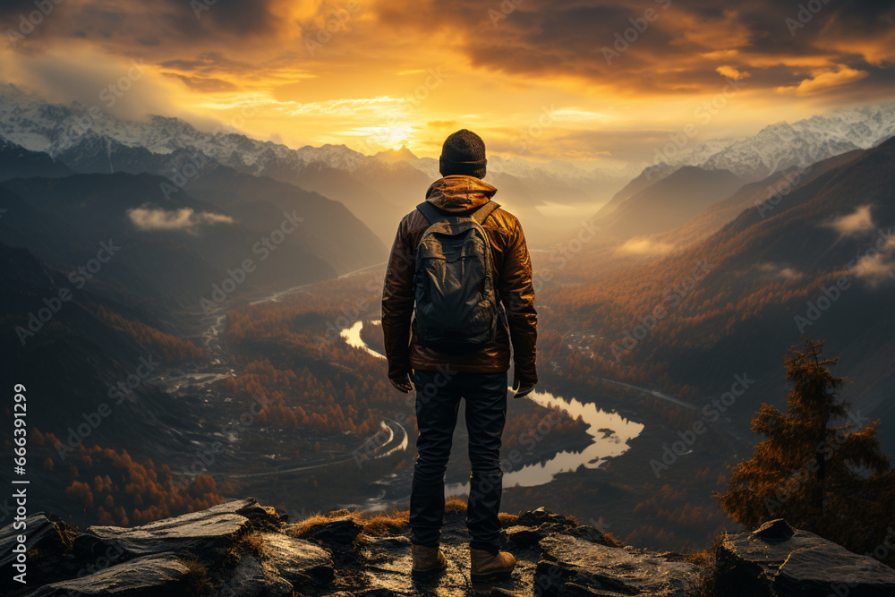 A person standing on a mountaintop, gazing at a beautiful sunrise, representing the feeling of hope and optimism that comes with the New Year. A person standing on a mountaintop, gazing at a beautiful sunrise, representing the feeling of hope and optimism that comes with the New Year.