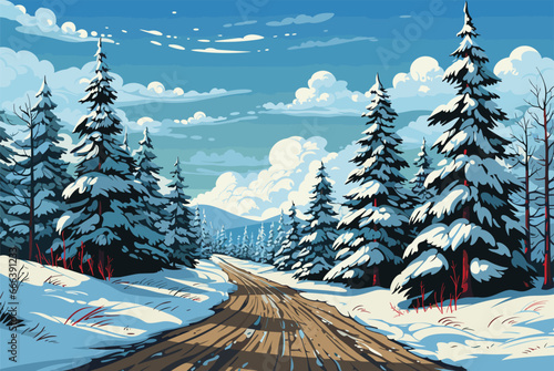Christmas winter forest landscape background. Vector illustration