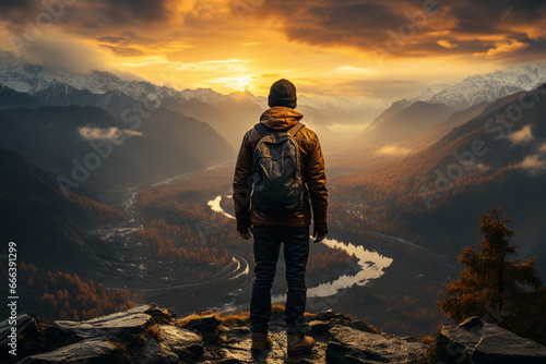 A person standing on a mountaintop, gazing at a beautiful sunrise, representing the feeling of hope and optimism that comes with the New Year. 