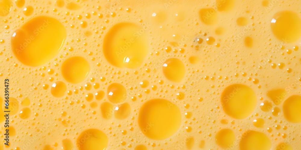 Full frame Yellow foam texture with bubbles of mango smoothie and banana fruit with juice