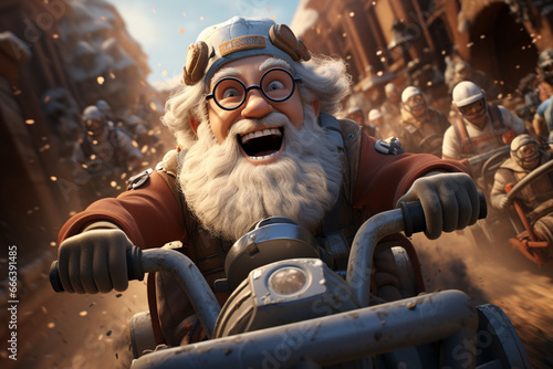 Cartoon Santa Claus in a comical sleigh race with other holiday characters.  
