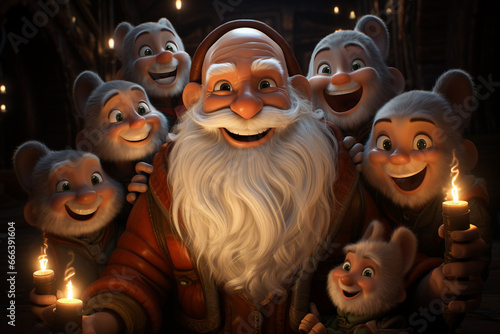 A cute cartoon of Santa Claus taking a selfie with a group of animated holiday characters. 