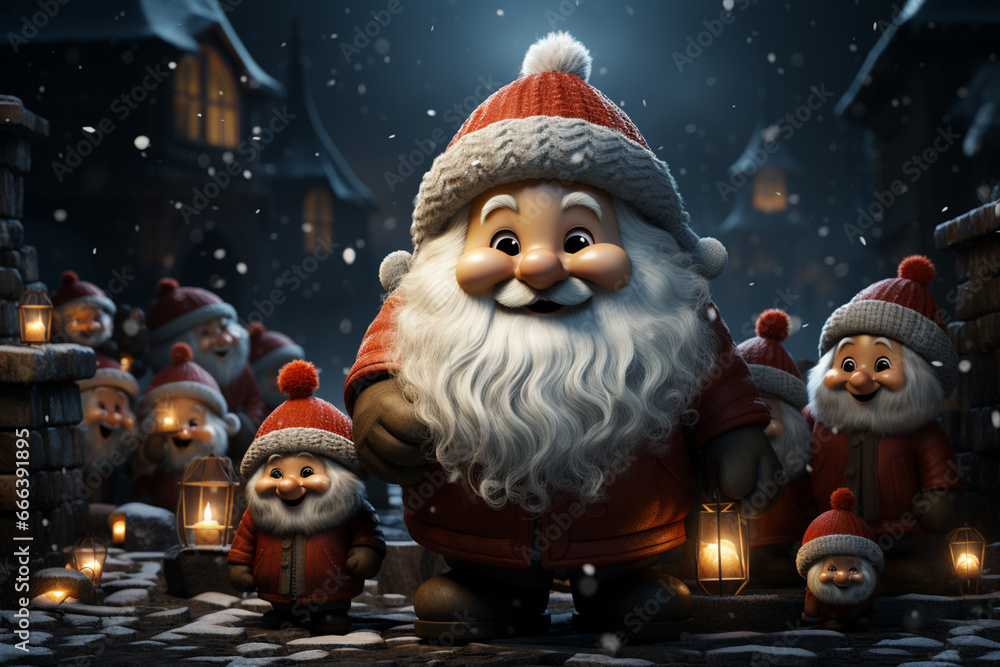 Obraz premium A whimsical Christmas background featuring cartoon-style characters like Santa Claus, elves, and snowmen. 