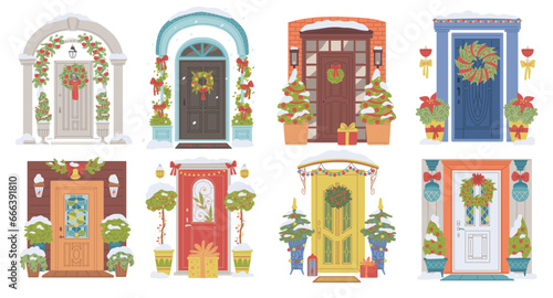 Christmas door vector set, entrance decorated for Christmas and New Year holiday, fir trees, garland, wreath red bows