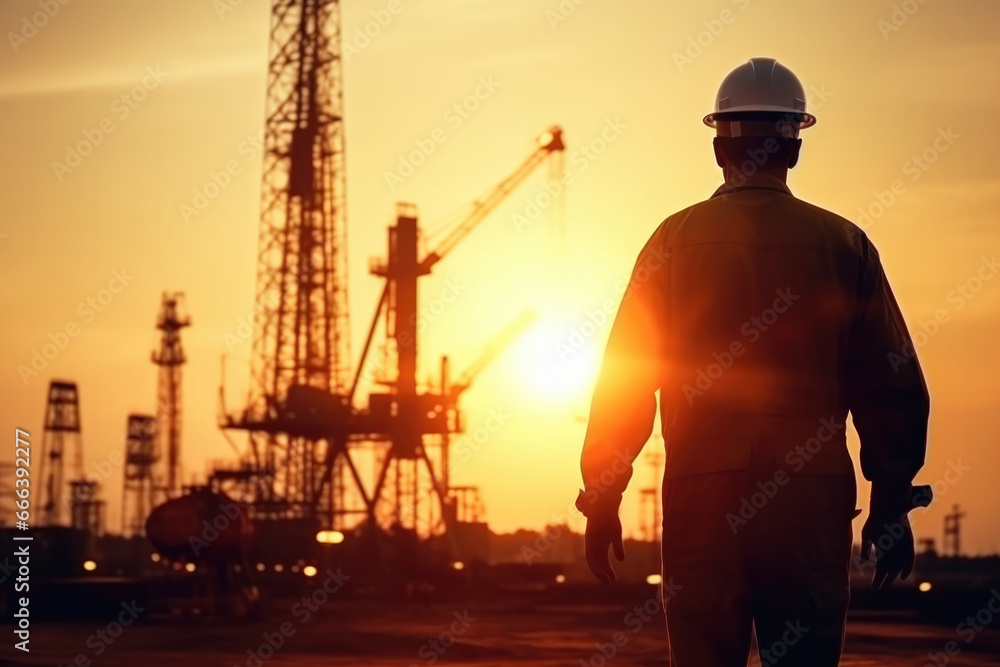 silhouette man worker. Oil drilling derricks at oilfield. Crude oil production from the ground. Mountain. Petroleum production. sunset. silhouette man worker. Oil drilling derricks at oilfield. Crude oil production from the ground. Mountain. Petroleum production. sunset.