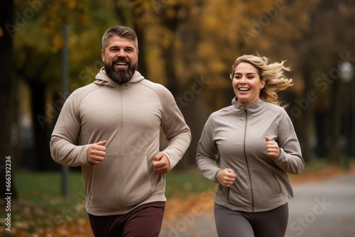 Middle aged couple of man and woman plus size in sport cloths jogging together in urban park.
