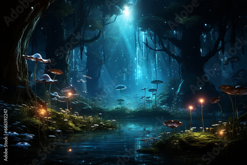 A haunted forest with creepy creatures lurking among the trees, illuminated by glowing fireflies.  